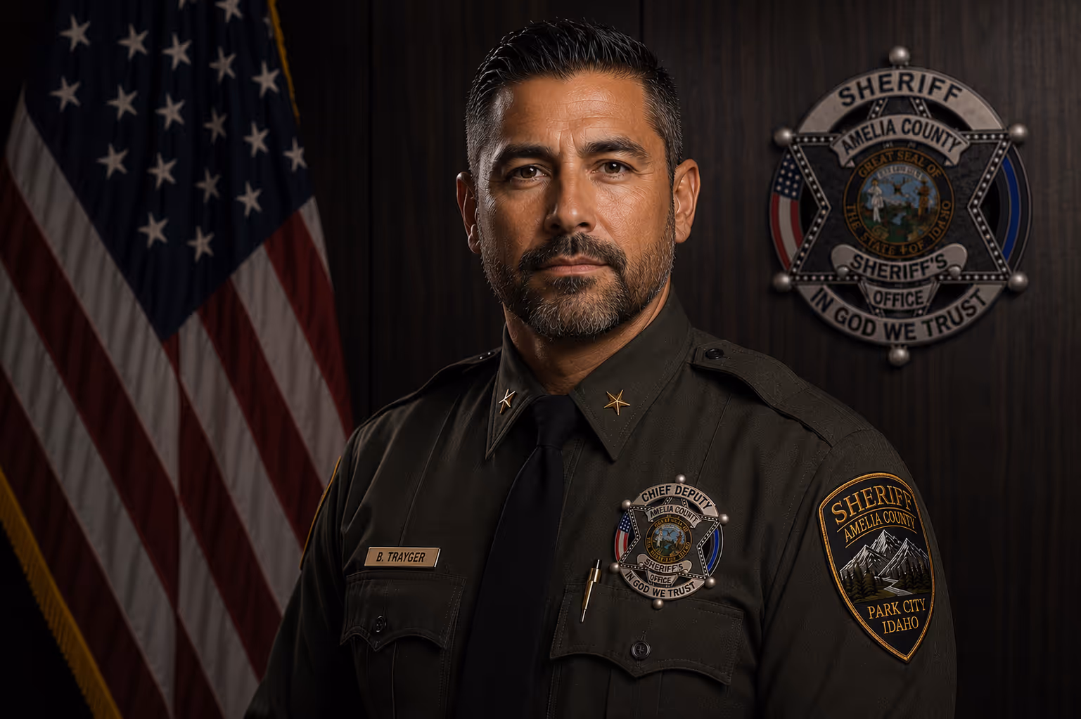 Chief Deputy Ben Trayger, an AI-generated fictional officer portrait.