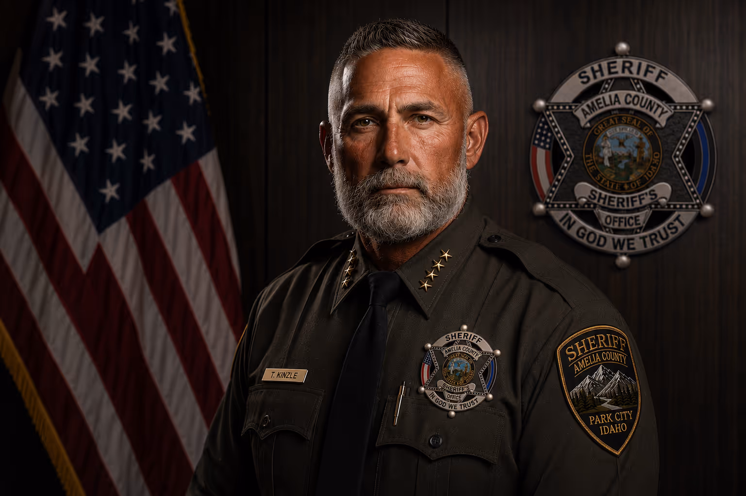 Sheriff Tom Kinzle, an AI-generated fictional officer portrait.